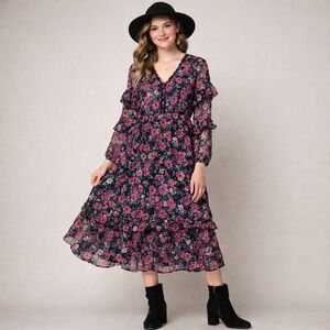 Clockhouse Floral Midi Dress L 14 Black Pink Tiered‎ Boho Cottagecore Whimsigoth